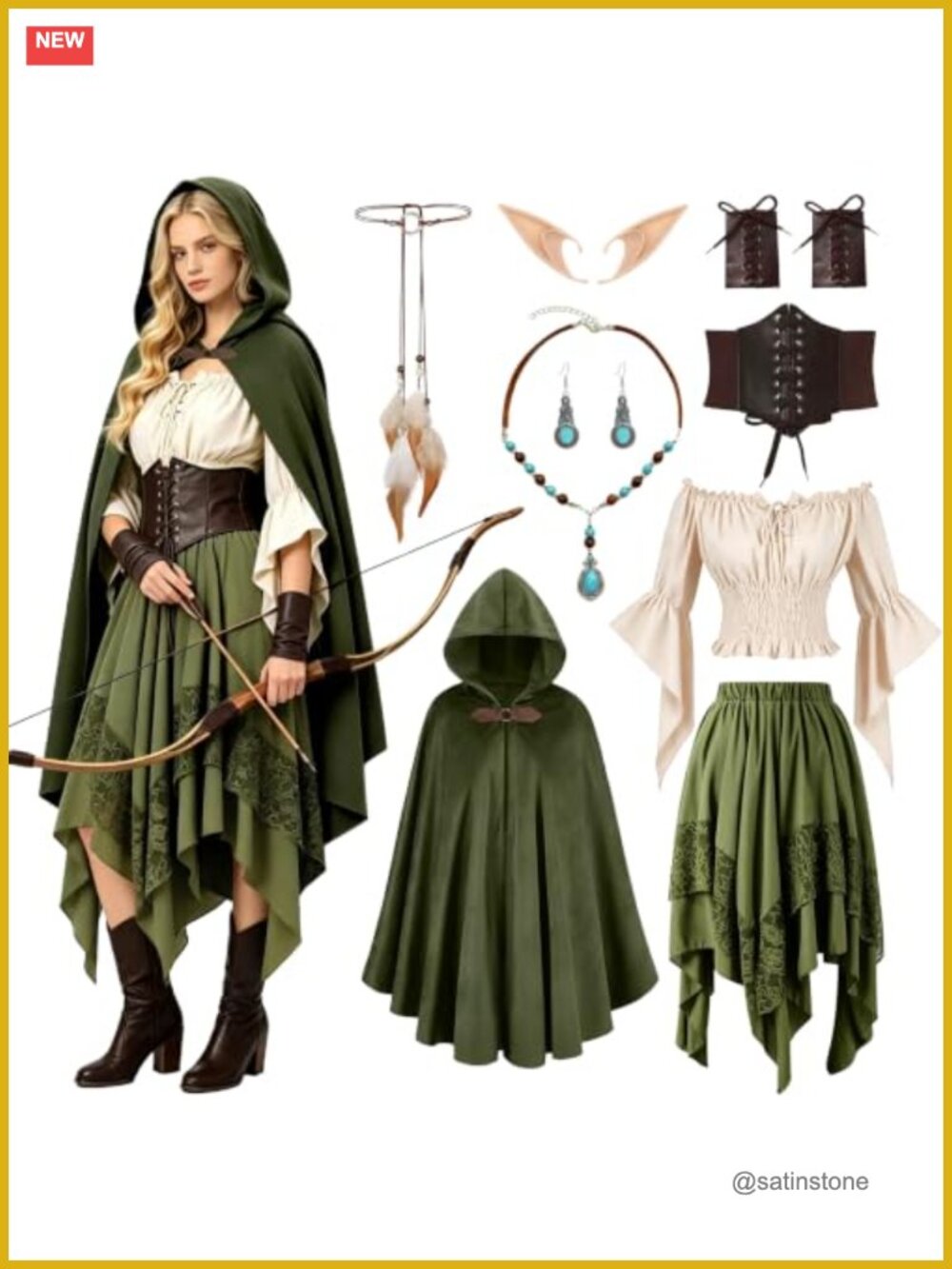 9Pc Women Medieval Viking Pirate Renaissance Archer Elf Costume Set